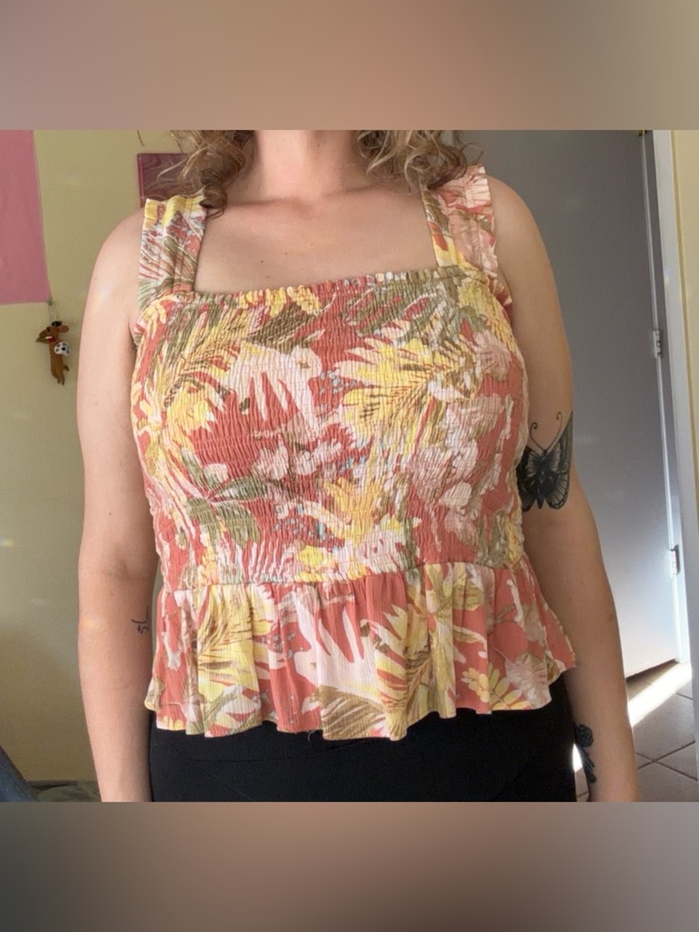 LC Lauren Conrad Coral Floral Smocked Peplum Tank